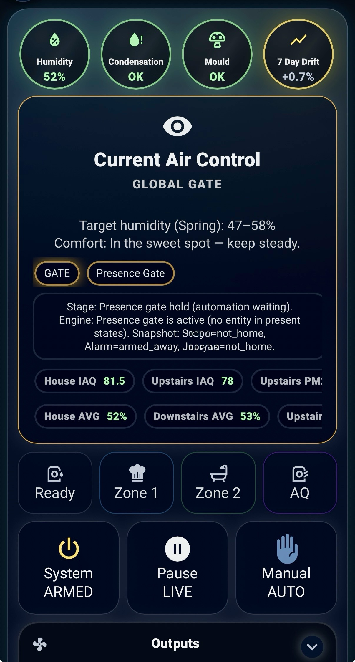 Humidity Intelligence mobile Current Air Control card showing presence gate reason text.